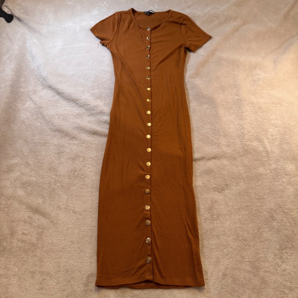 Fashion Nova Rust Ribbed Knit Button Down Short Sleeve Bodycon Midi Dress Sz S - Picture 2 of 12